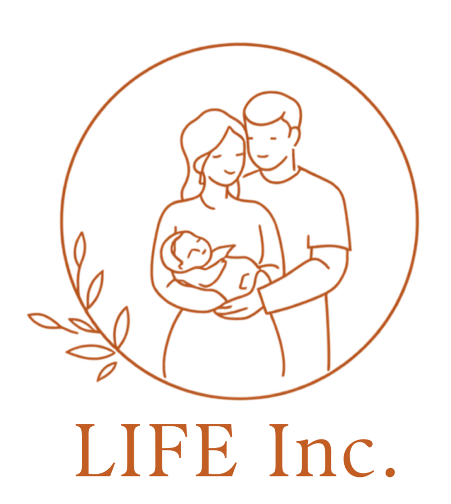 LIFE INC logo with woman and man holding a baby in the middle of a circle
